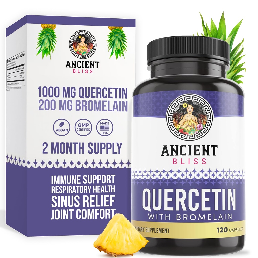 Antike Bliss Quercetin mit Bromelain | Quercetin 1000mg Bromelain 200mg pro Servieren | Unterstützt Immunsystem, Gelenkgesundheit, Atmungsgesundheit & Gesamt-Well-Being – 120 Kapseln