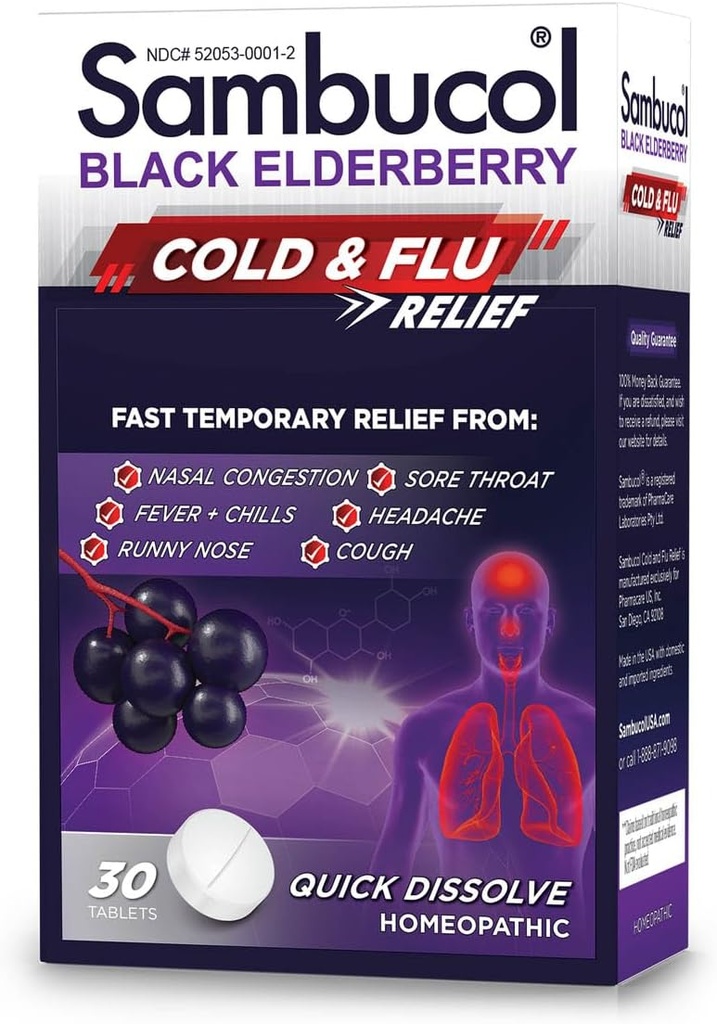 Sambucol Cold and Flu Relief Tablets - Homöopathic Cold Medicine, Cold Remedy for Adults, Black Elderberry for Colds, Zink Cold Remedy - 30 Count