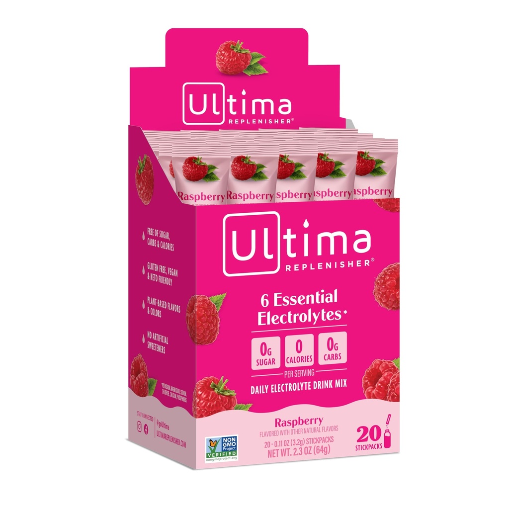 Ultima Replenisher, Elektrolyt Hydration Drink Mix, Raspberry, 20 Count Stickpacks Box - Zuckerfrei, 0 Kalorien, 0 Carbs - Glutenfrei, Keto, Non-GMO, Vegan