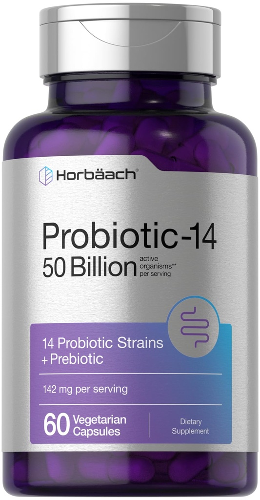 Horbaach Probiotika für Frauen und Männer | 60 Kapseln | 14 Probiotische Strains mit Prebiotic | 50 Billion Active Organisms | Non-GMO & Gluten Kostenlose Ergänzung