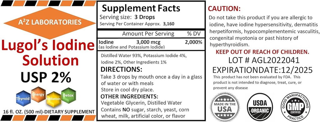 A2Z Organic Lugol's Iodine und Kalium Iodide 2% Lösung 3000 mcg - Flüssige Ergänzung Tropfen für Schilddrüsenunterstützung für Frauen und Männer, Metabolismus Gesundheit, Detox Boost -16 Fl Oz/USA/Ships Heute! (2 PK)
