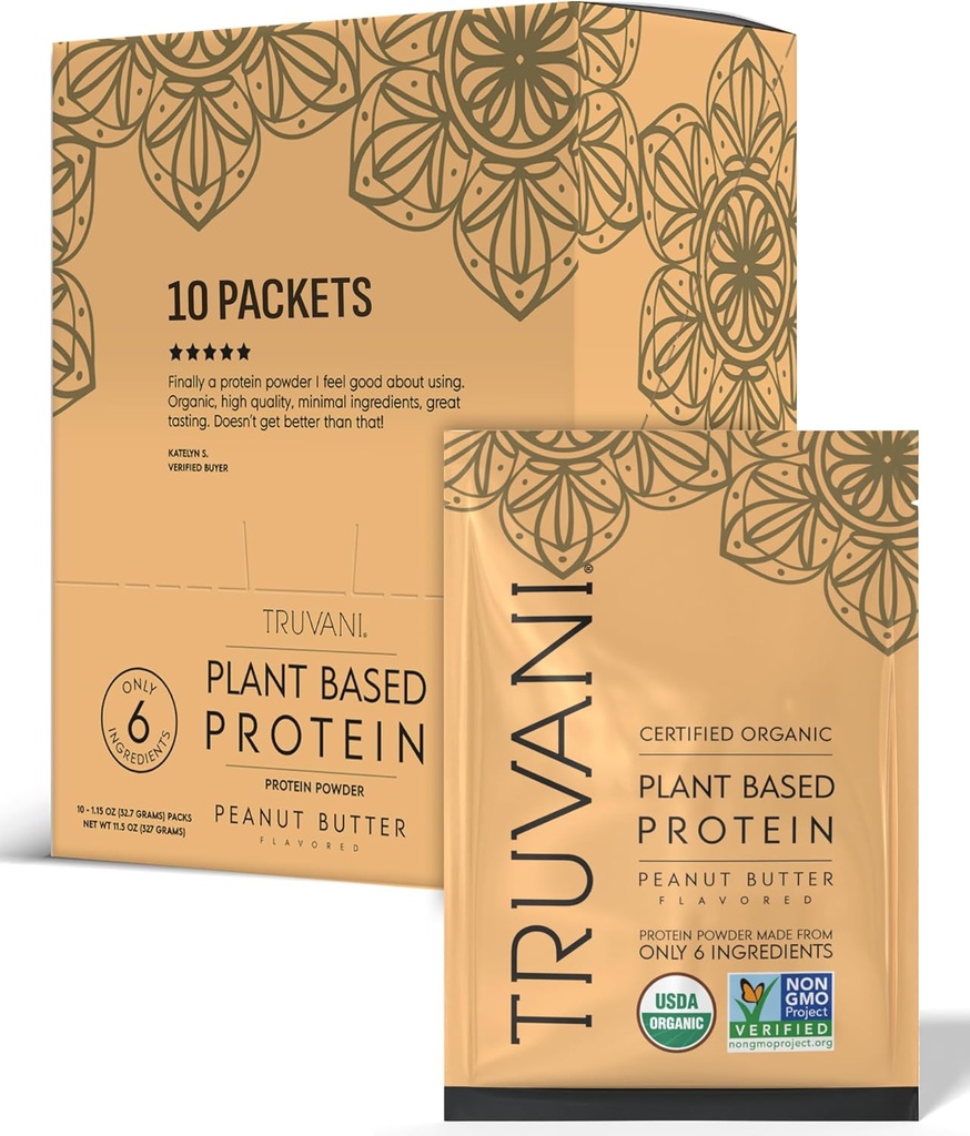 Truvani Vegan Pea Protein Pulver | Peanut Butter | 20g Bio-Pflanzen basiertes Protein | Single Servieren Reisepakete | 10 Servierungen | Keto | Gluten & Dairy Free | Low Carb | Kein hinzugefügt Zucker