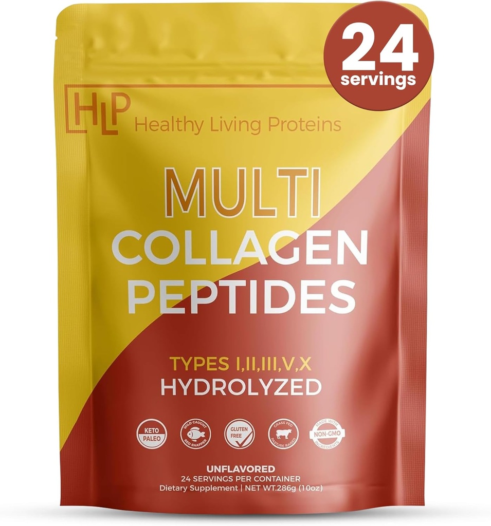 Gesunde lebende Proteine - hydrolysierte Multi-Kollagen-Pulvertypen I, II, III, V & X - Gras Fed Bovine, Wild Caught Marine, Free Range Chicken - Glutenfrei (Unflavored 10 oz)