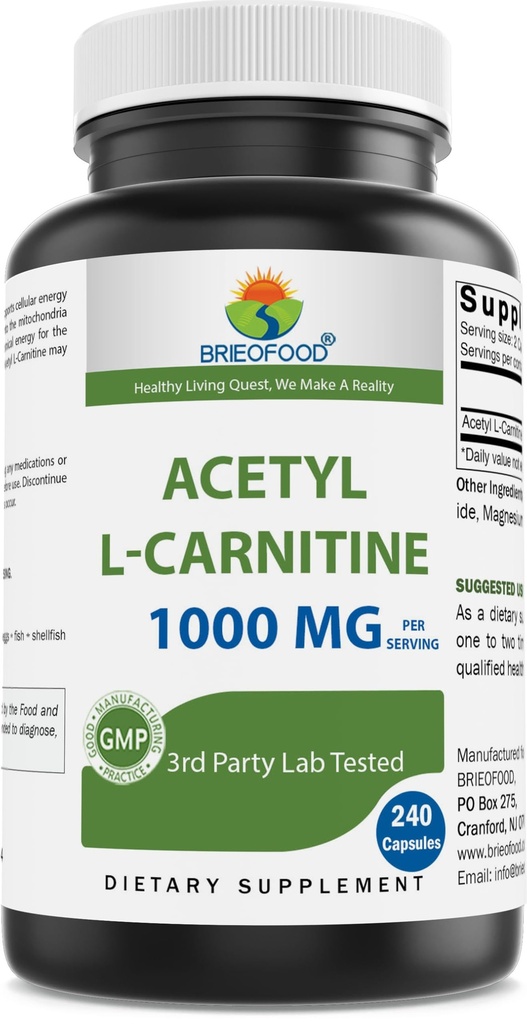 Brieofood Acetyl L-Carnitin 1000 mg pro Servier- 240 Kapseln. Glutenfrei, Non-GMO.