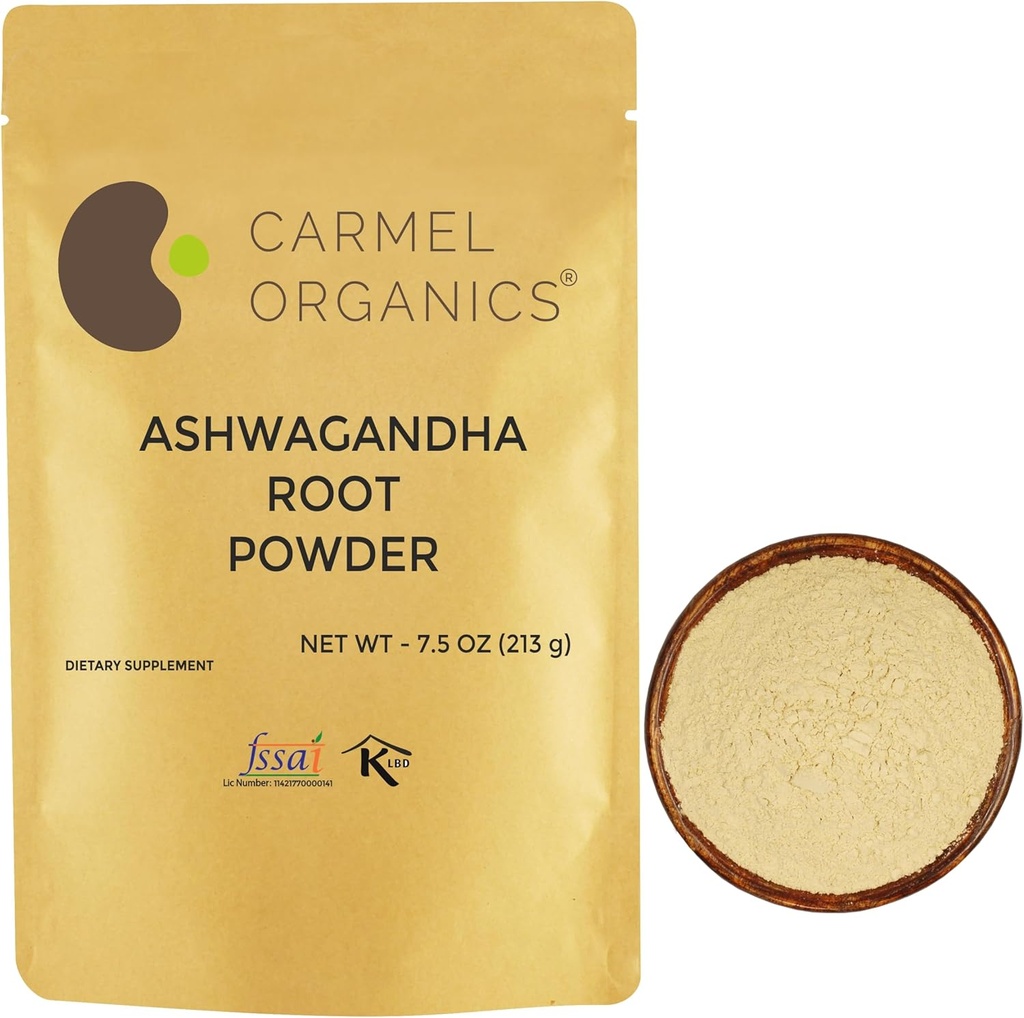 CARMEL ORGANICS Ashwagandha Root Powder 7.5 Unze, Non GMO & Gluten Free, Natural, Withania Somnifera, Ohne Zusatz von Konservierungsmitteln, direkt von indischen Bauern