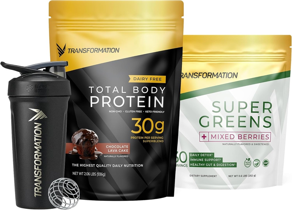 Transformation Schokoladenprotein Pulver, Super Greens Superfood Green Juice Pulver und Performance Insulated Shaker Bottle