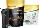 Transformation Poudre de protéines de chocolat, Super Greens Superfood Poudre de jus vert et bouteille de shaker isotherme performance