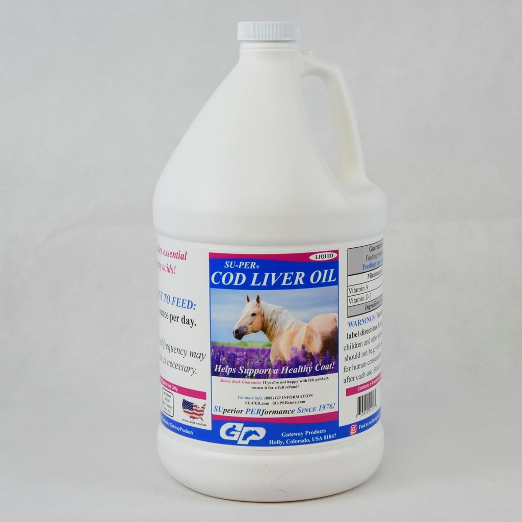 L'huile de foie de morue SUPER pour chevaux - Supplément d'huile de cheval avec acides gras essentiels, Omega 3, Vitamines A & D - Soutient la peau et le manteau de cheval santé - 1 Gallon, 4 mois d'approvisionnement