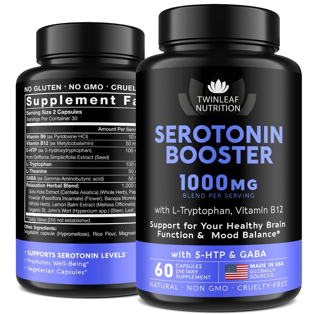 Natural Serotonin Supplement - Made in USA Manganese Serotonin & Cortisol Manager - Serotonin Booster Vitamin Supplement for Women with 5-HTP Vitamin B6 B12 GABA L Theanine L Tryptophan - 60 Capsules