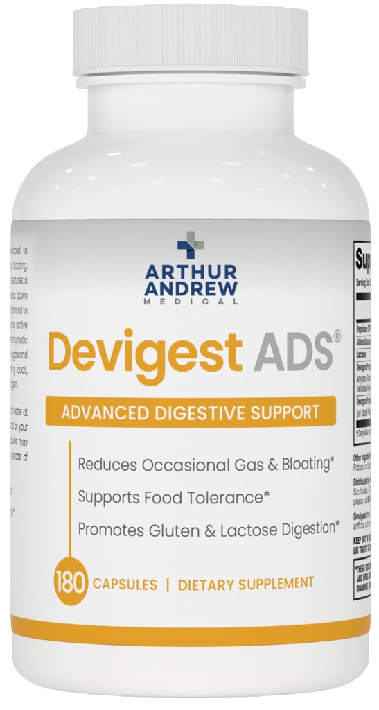 Arthur Andrew Medical - Devigest ADS, support digestif avancé, soulagement de l'intolérance à la lactose et des sensibilités caséines, végétalien, non-OGM, 180 capsules