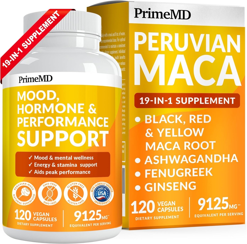 PrimeMD 19-en-1 Peruvian Maca Root Capsules - 9125 mg Ashwagandha Suppléments avec Maca Fenugreek et Ginseng pour le soutien de l'humeur, de l'hormone et de la performance (120 capsules)