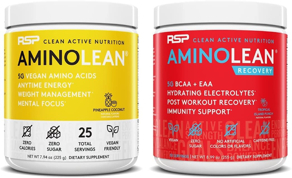 RSP NUTRITION Vegan AminoLean Pre Workout Energy (Pineapple Coconut 25 Servings) with AminoLean Recovery Post Workout Boost (Tropical Island Punch 30 Servings)