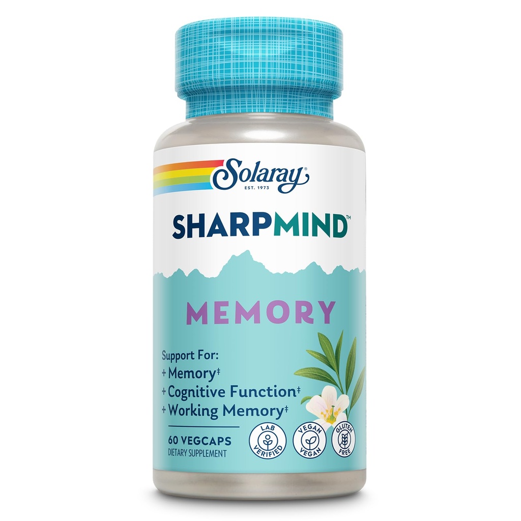 SOLARAY SharpMind Memory Formula - Brain Ergänzungen für Gedächtnis und Fokus - Cognivia, Gotu Kola & Chaga Mushroom Supplement - Ginkgo Biloba Alternative - 60-Tage Garantie - 30 Servietten, 60 VegCaps