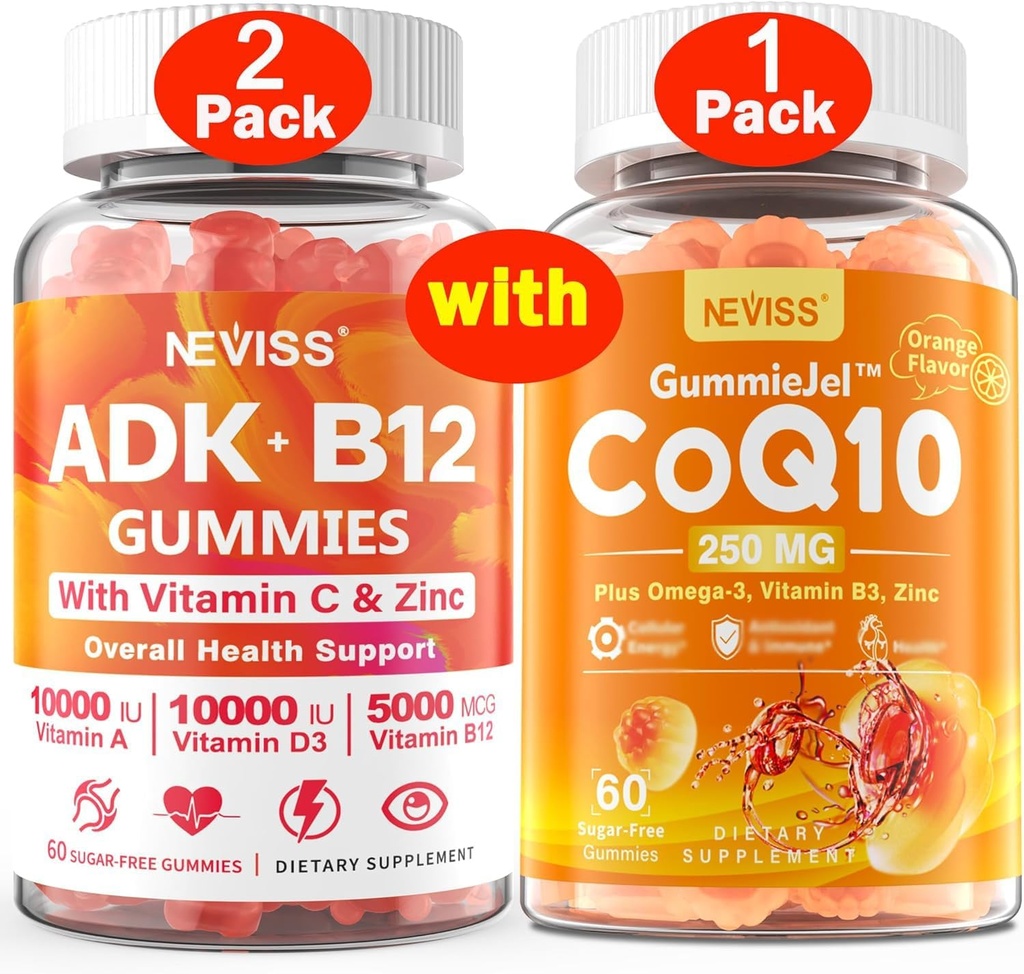 NEVISS 2Pack Vitamin ADK mit B12 Gummi + 1Pack CoQ10-250mg gefüllte Gummis