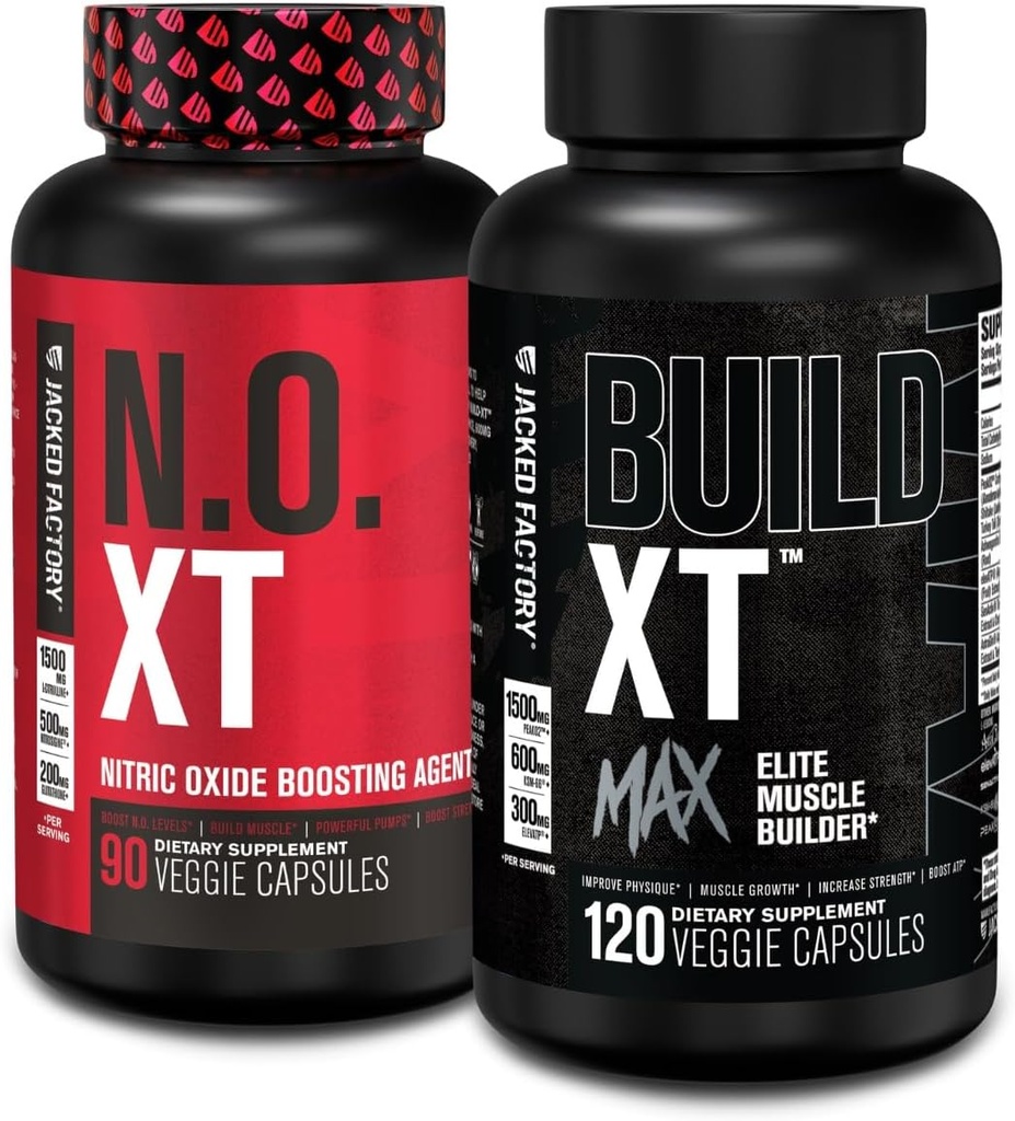 Jacked Factory N.O. XT Nitric Oxid Supplement (90 Count) & Build XT Max Elite Muscle Builder (120 Count)