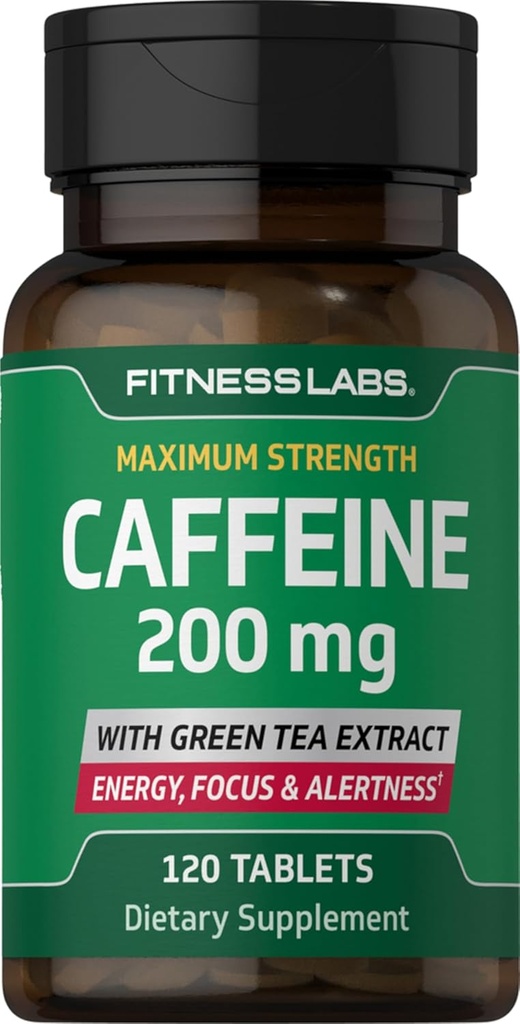 Fitness Labs Koffein Pillen | 200mg | 120 Tabletten | mit Grüner Tee-Extrakt | Maximale Stärke Ergänzung | Vegetarisch, Non-GMO, Glutenfrei