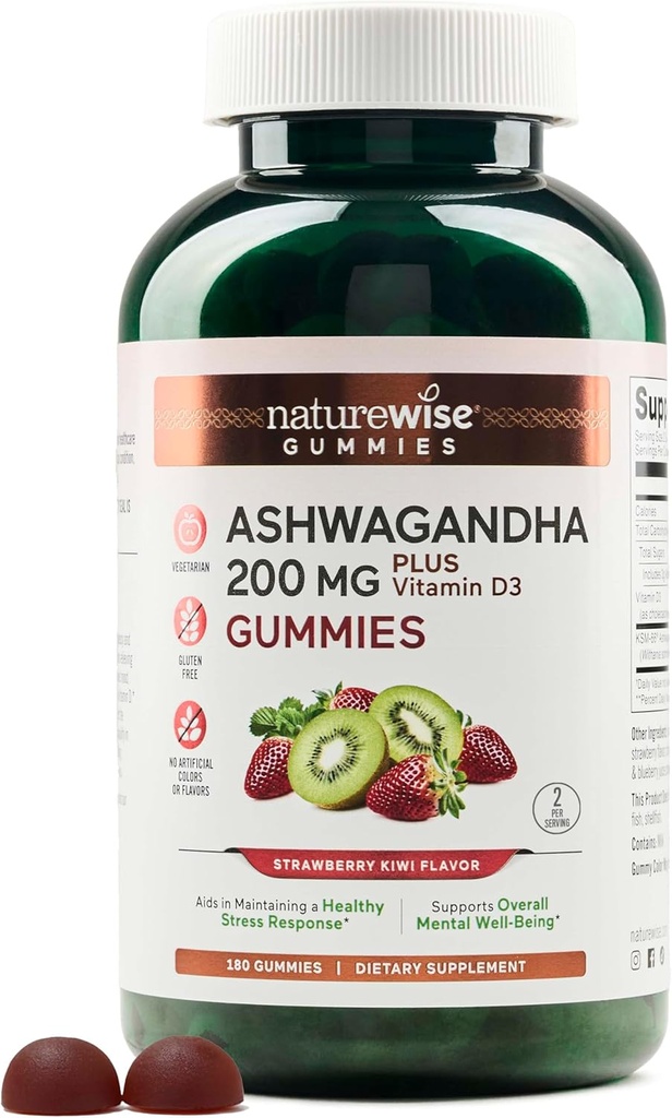 NatureWise Ashwagandha Gummies - Erdbeere Kiwi - KSM-66 mit Vitamin D3 - Calming Mood Support - Vegetarisch - Non-GMO, Gelatin und Gluten frei - 180 Count[3-Monatsversorgung]