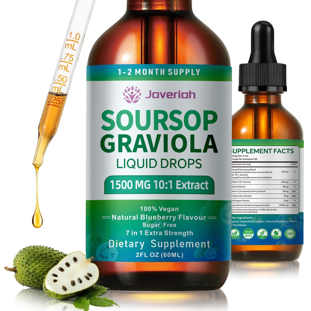Soursop Graviola Flüssigkeitstropfen Ergänzung mit Sea Moss Extrakt, Soursop Bitters Flüssigkeit für Zellunterstützung & Regeneration, Immunität, Leber, Antioxidans, Graviola Blätter Extrakt 2 Monat Versorgung 60ML