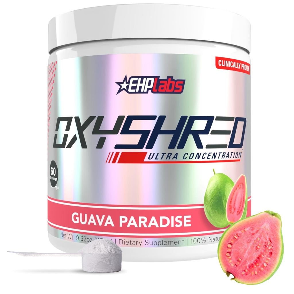 EHP Labs OxyShred Pre Workout Powder & Shredding Supplement - Preworkout Pulver mit L Glutamine & Acetyl L Carnitin, Energy Boost Drink - Guava Paradise, 60 Servierungen