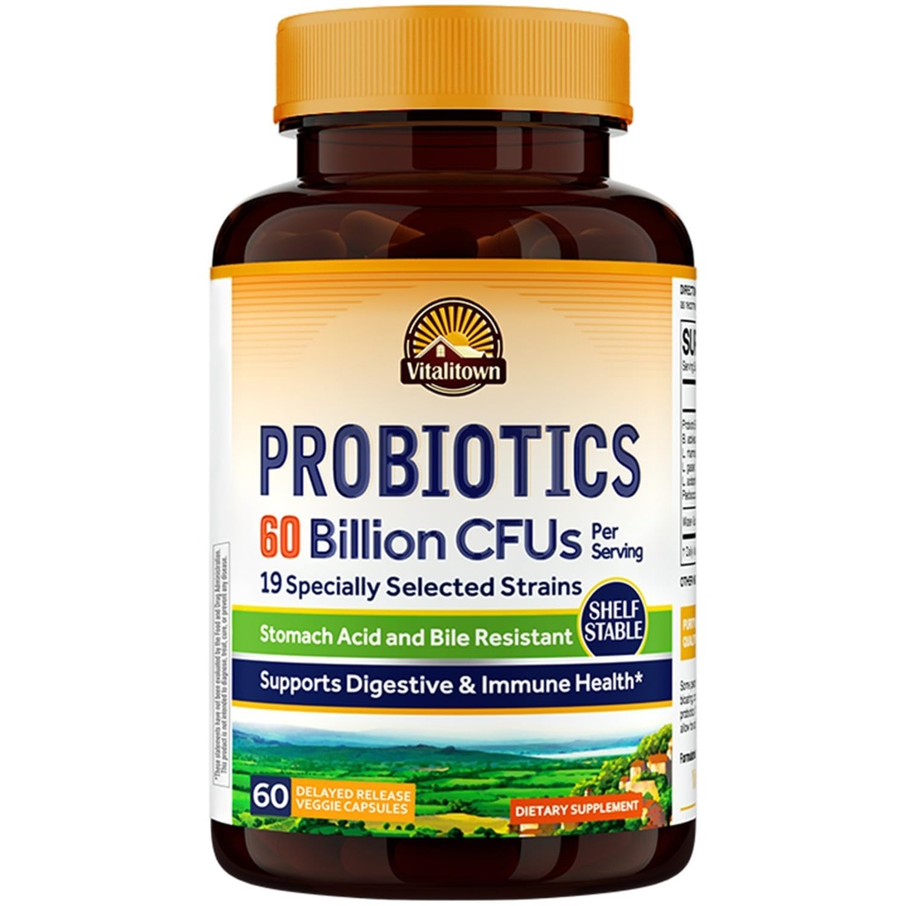 Vitalitown Probiotics + Prebiotics | 60 Billion CFUs 19 Strains | 60 Delayed Release Veg Caps | Shelf Stable, Prebiotics und Probiotics | Digestive Health, Immune Health | Vegan, Non-GMO, No Dairy