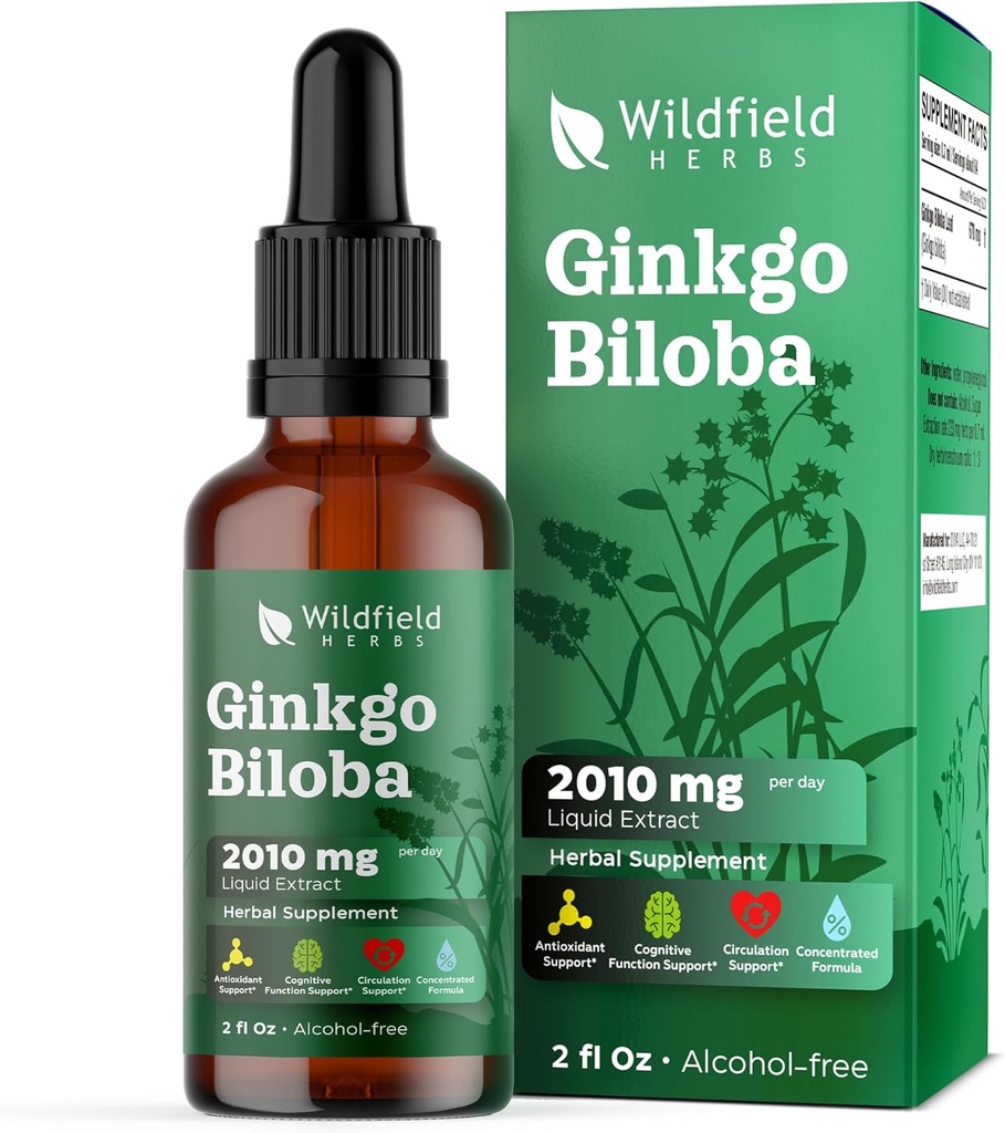 Ginkgo Biloba Extrakt Tropfen Flüssigkeit 2000mg (Ginkgo biloba L.) Kräuterergänzung absorbiert besser als Kapseln, 1 Monat Versorgung, 84 Servierungen, Alkoholfreie Tinktur - 2 Oz, Packung von 1