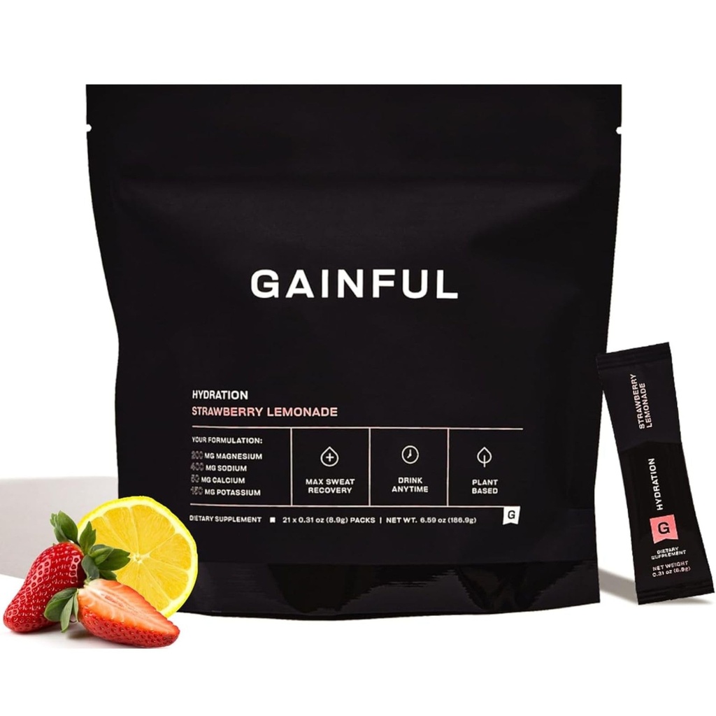 Gainful Hydration Powder Packets, Koffeinfrei mit Schlüsselelektrolyten Magnesium und Natrium, Energieunterstützung, Niedriger Zucker, Erdbeer-Lemonade, 21 Sticks