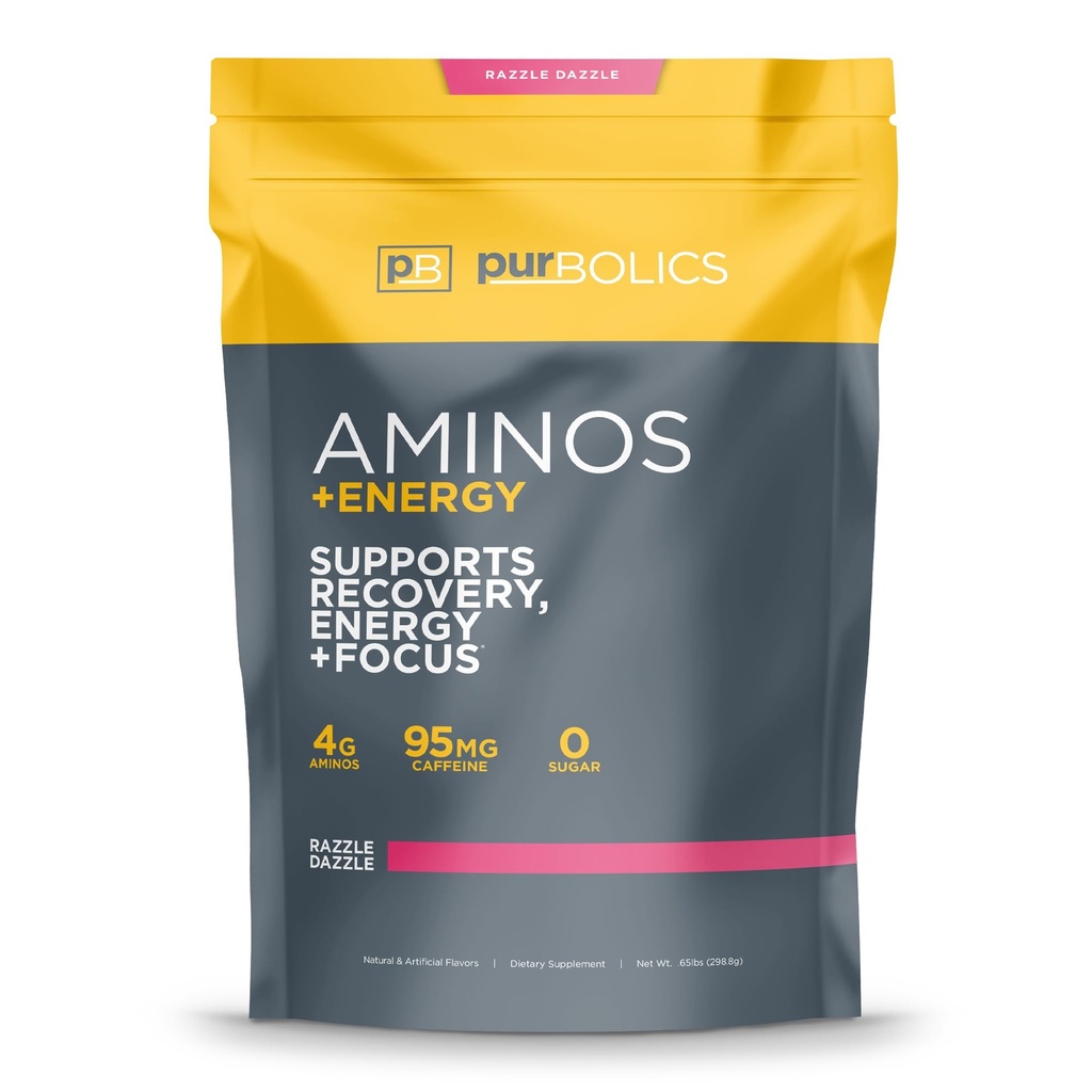 Purbolics Aminos + Énergie , soutient la récupération, l'énergie et la concentration , 95mg de caféine, 0 sucre et 60 portions (Razzle Dazzle)