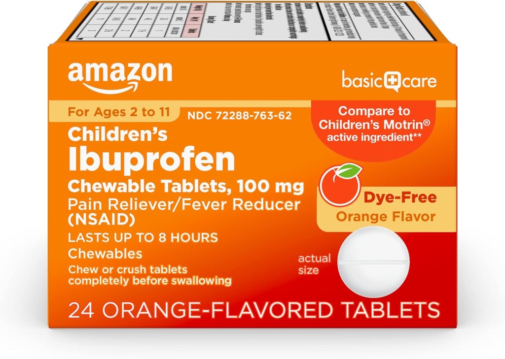 Grundpflege Kinder Ibuprofen Kautabletten, Schmerzlinderung und Fever Reducer, Orange Flavor, Alter 2-11, dauert bis zu 8 Stunden, 100 mg, 24 Count