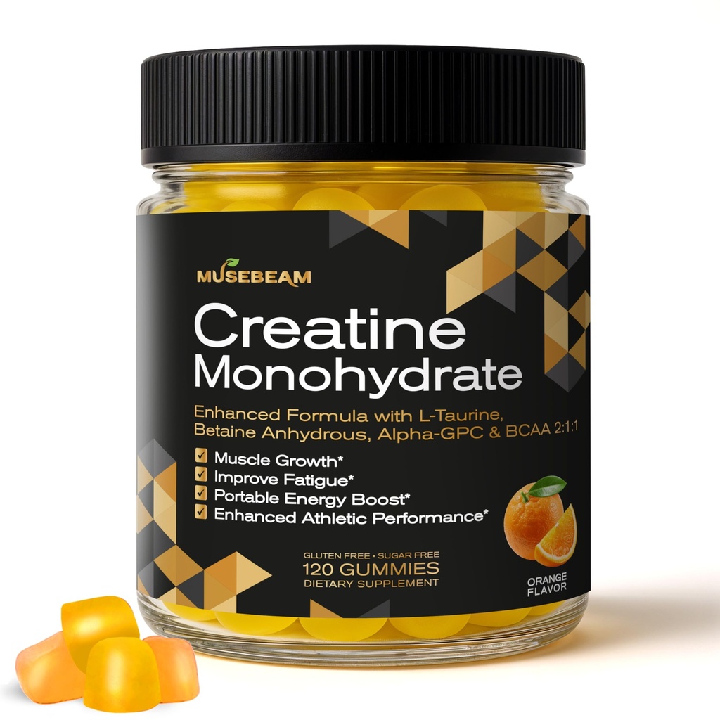 musebeam Creatine Monohydrate 5000mg Supplement Gummies - with L-Taurine Betaine Anhydrous Alpha-GPC BCAA 2:1:1 - Sugar-Free Gluten Free for Men Women