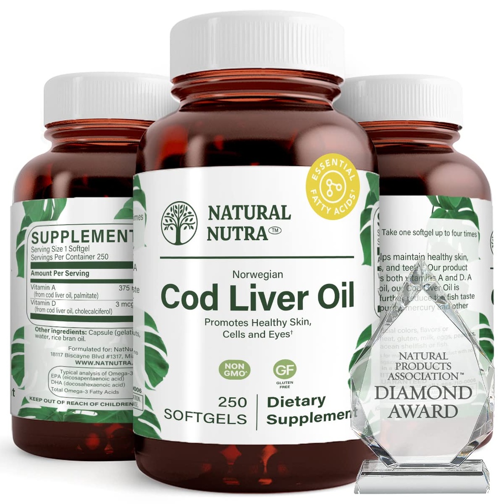 Natural Nutra Norwegian Cod Liver Oil Supplement, hilft, Haut zu halten, hilft Körperdichte, Augengesundheit und Nerve-Funktion, fördert Zahngesundheit, unterstützt Herz-Kreislauf-Gesundheit, 250 Softgels