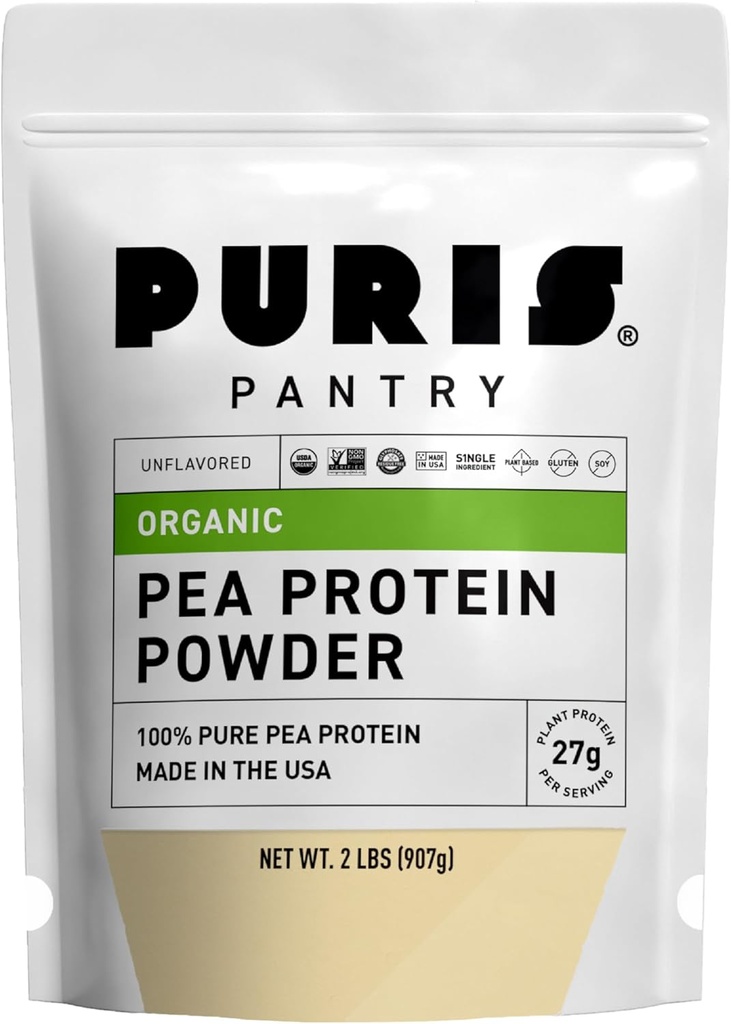 PURIS Organic Pea Protein Powder – USDA Organic Vegan Protein | 27g Pflanzenprotein Per Serving | Non-GMO Gluten-Free Soy-Free | Clean Label | Glatte Geschmack | Ideal für Shakes, Smoothies, Baken | 2 lb