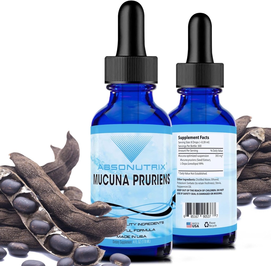 Absonutrix Mucuna Pruriens 393mg, 4Oz Liquide, 300 portions, Fabriqué aux États-Unis, Absorption rapide, Ingrédients de qualité Potentiels, Testés de tiers, Non-OGM, Produits certifiés BPF, Sans cruauté