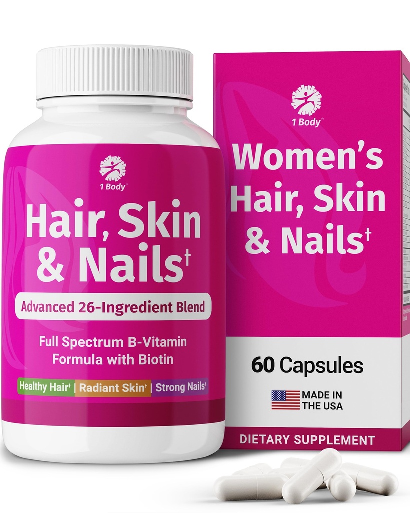 1 Körper Haar Haut und Nägel Vitamine mit Biotin – Haarwachstumsergänzung für Frauen & Männer mit 26 Vitaminen, Mineralien & Kräuterextrakte – Stärkeres Haar, Gesunde Haut & Nägel – 60 Vegan Kapseln