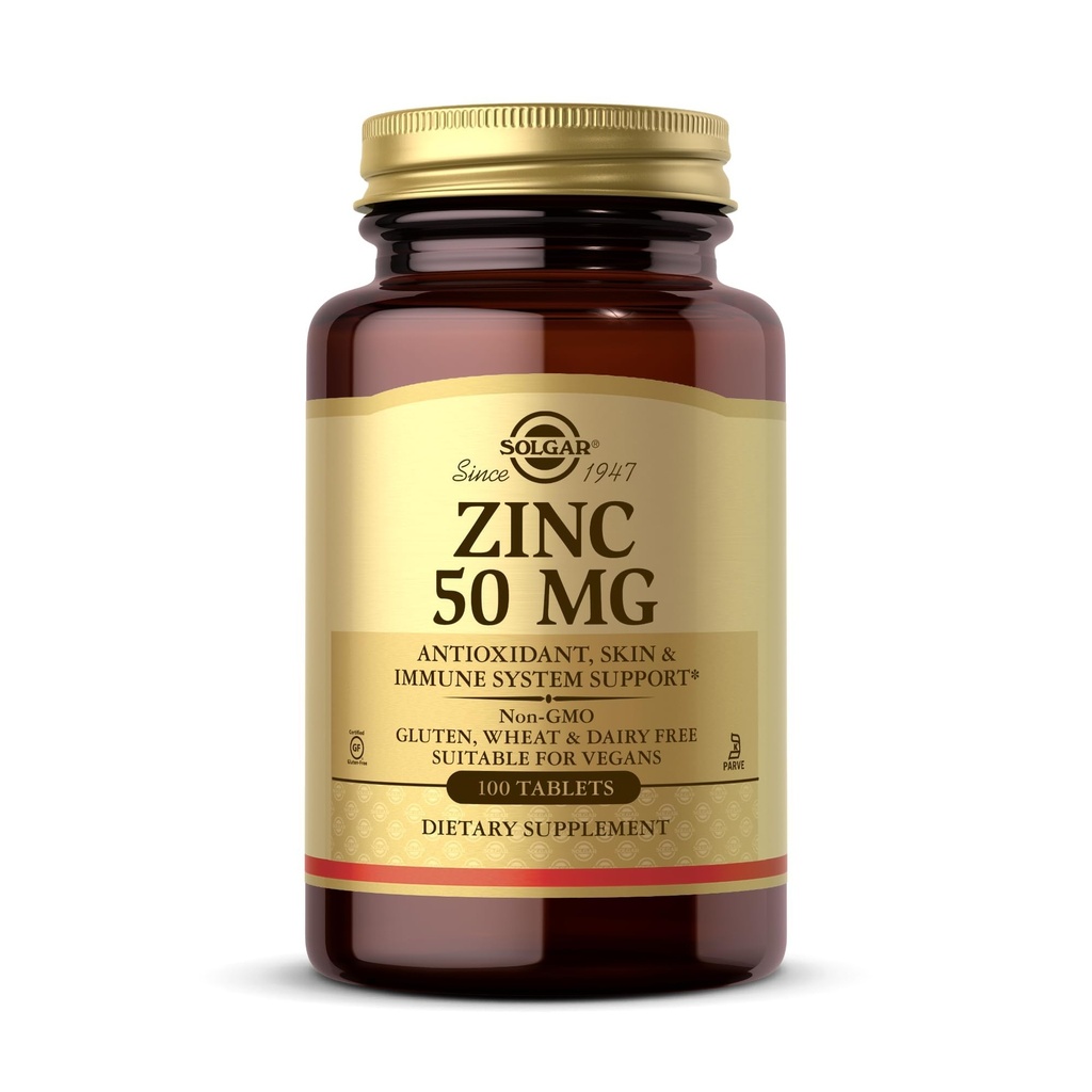 Solgar Zink 50 mg, 100 Tabletten - Zink für gesunde Haut, Geschmack & Vision - Immunsystem & Antioxidans Unterstützung - Unterstützt Zellwachstum & DNA Formation - Non GMO, Vegan, Glutenfrei - 100 Portionen