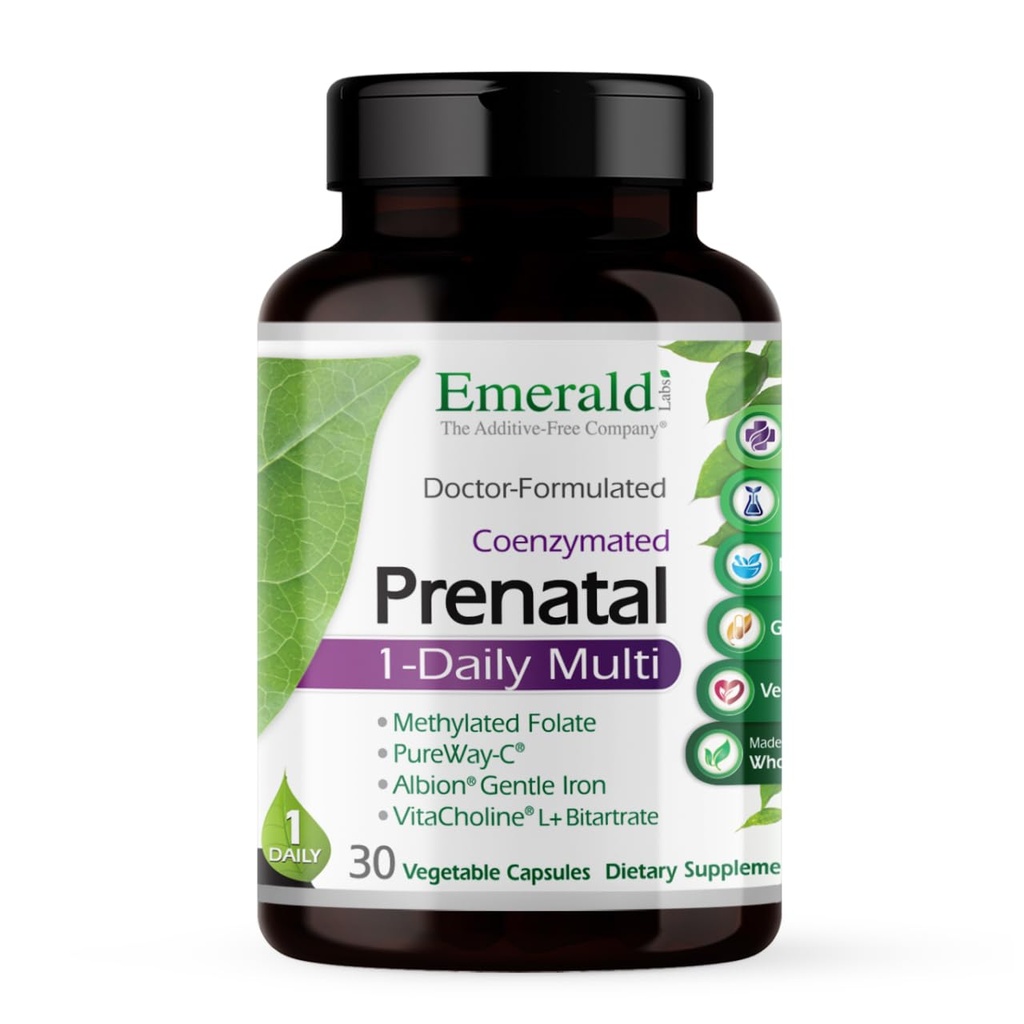 Emerald Labs Prenatal 1-Daily Multi - Multivitamine prénatale avec folate méthylé, fer, mélange d'aliments entiers et plus - Sans soja, sans gluten - 30 capsules végétales