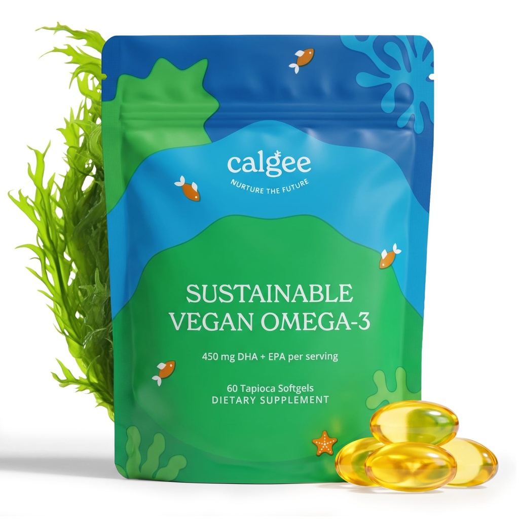 Calgee Vegan Omega 3-450mg DHA & EPA Fettsäuren - Nachhaltiges Algenöl - Pflanzenbasierte Fischöl Alternative - Carrageenan-Free Softgels (60 Ct)