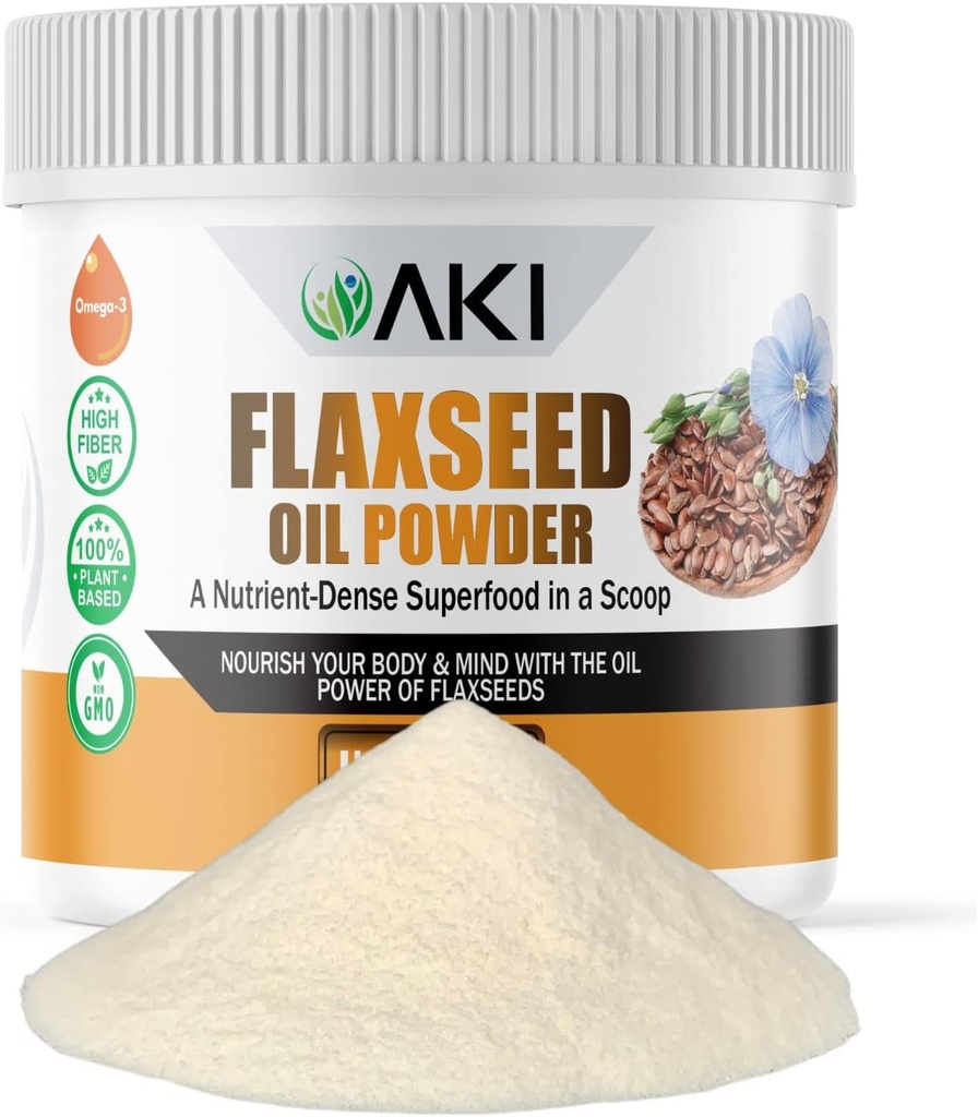 AKI Flaxseed Oil Powder - Verpackt mit essentiellen Nährstoffen wie Omega-3 Fettsäuren, Fiber, & Lignane - Frei von künstlichen Additiven, Hergestellt mit idealen Qualitätskomponenten (5.30oz/150g)