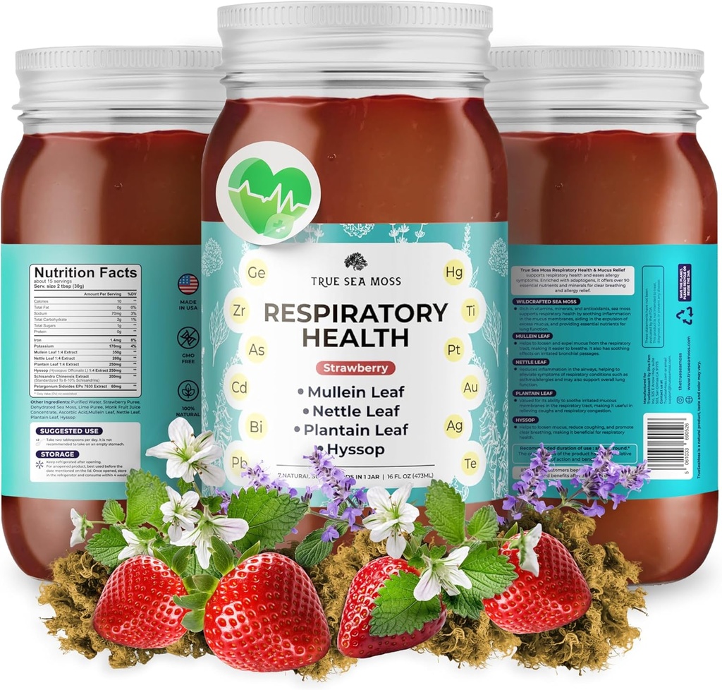 TrueSeaMoss Pro-Line Gel - Respiratory Health - 5+ Flavors - Fruchtgel mit Premium Sea Moss & Kalium - Vegan-Friendly - Vitamin & Mineral Rich Supplement - Made in USA (Strawberry, Pack of 1)