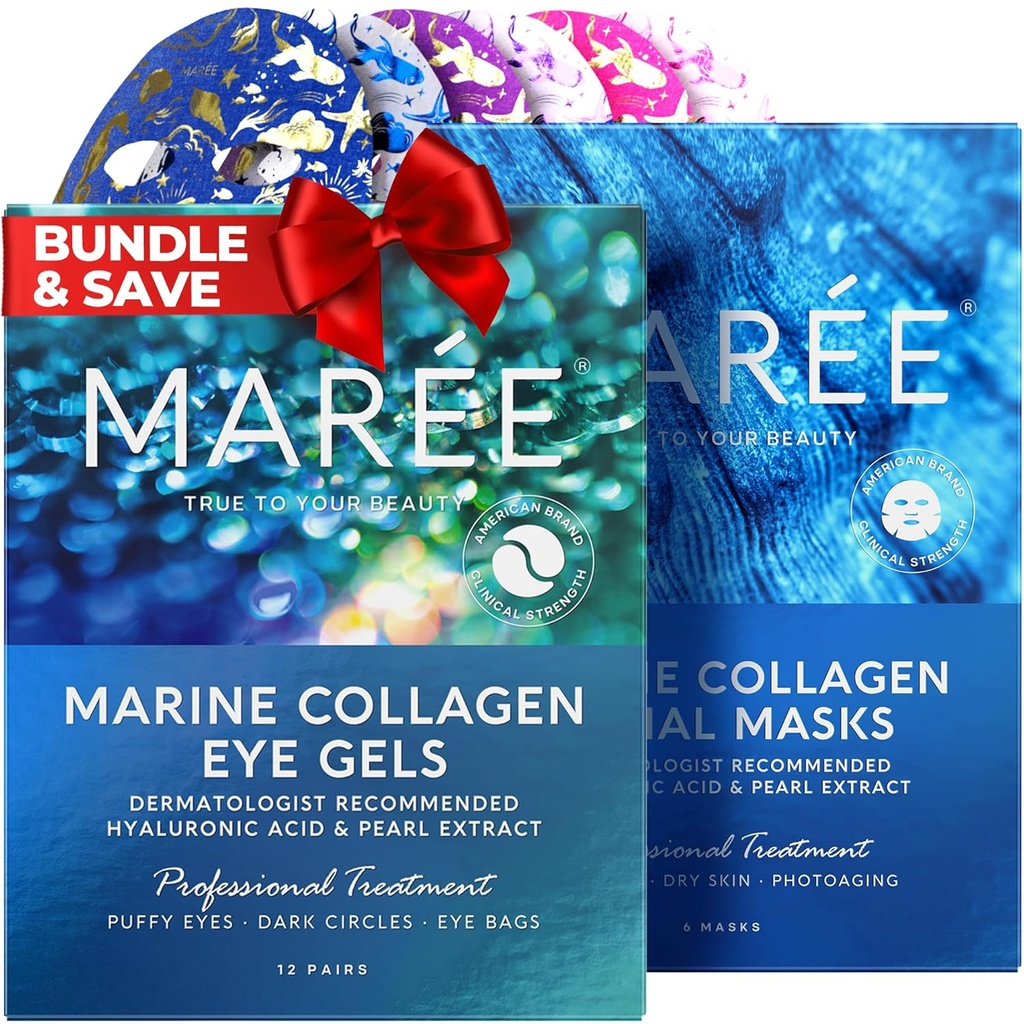 MAREE Eye Gels & Gesichtsmasken Bundle - Unter Augen Gels für Puffy Eyes und Dark Circles, Blatt Moisturizing Masks - Marine Collagen & Hyaluronsäure, Green & Red Algae Extract - für alle Hauttypen