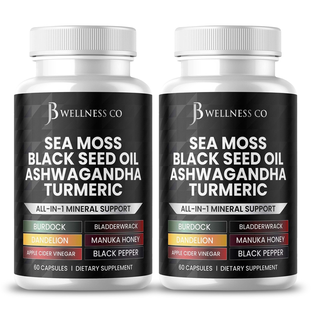 Sea Moss Black Seed Oil Ashwagandha Turmeric Bladderwrack Burdock - mit Manuka, Honey Dandelion, ACV Black Pepper Gluten Free- 120 Count