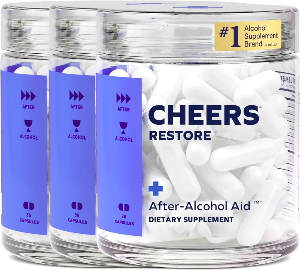 Cheers Restore | Ergänzung mit DHM + L-Cystein | Fühlen Sie sich besser nach dem Trinken und unterstützen Sie Ihre Leber | 36 Doses | Dihydromyricetin, Cystein, Milchdistel, Krickly Pear, B-Vitamins, Ginger