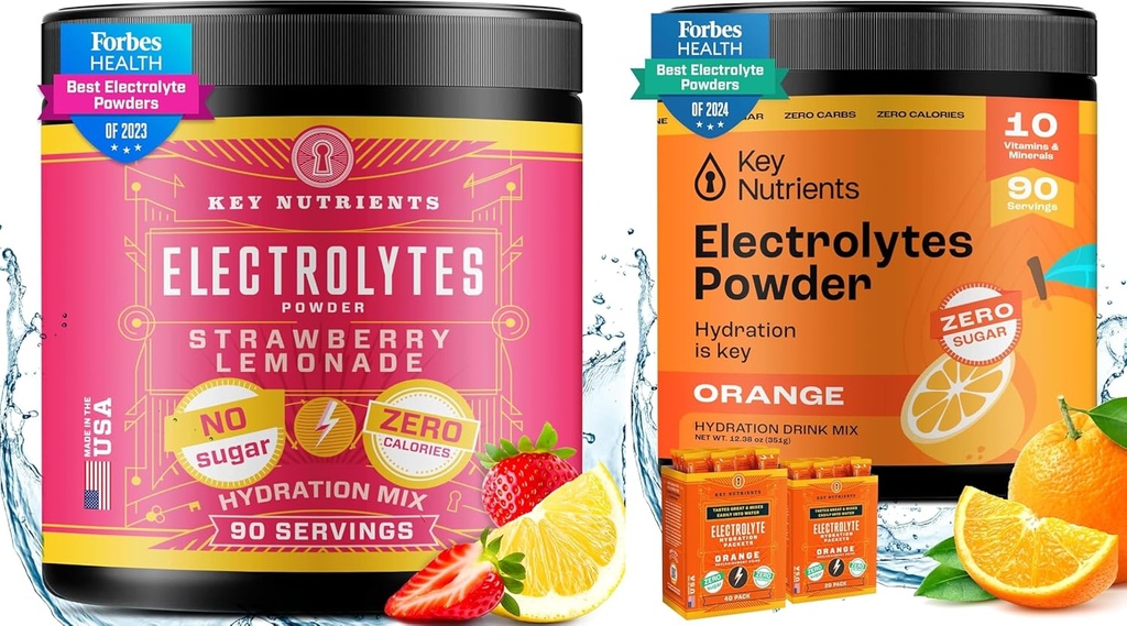 CLÉS NUTRIENTS Électrolytes et poudre d'hydratation multivitamine – Lémonade de fraise juteuse et poudres d'électrolyte orange Tangy (90 portions chacune) – Sans sucre, sans ami Keto, sans calories