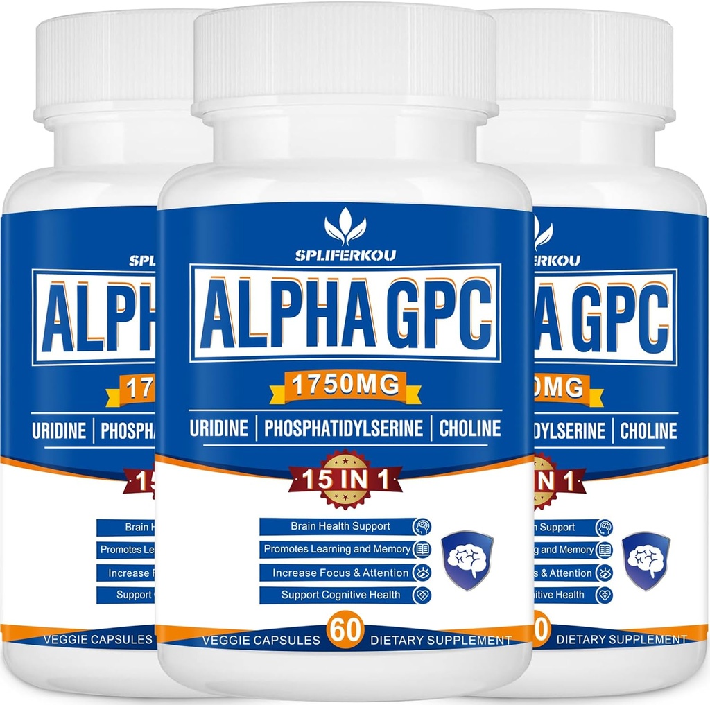 15-in-1 Alpha GPC Supplement mit Phosphatidylserin, Uridin, L-Theanin, Lion's Mane Mushroom, 180 Kapseln