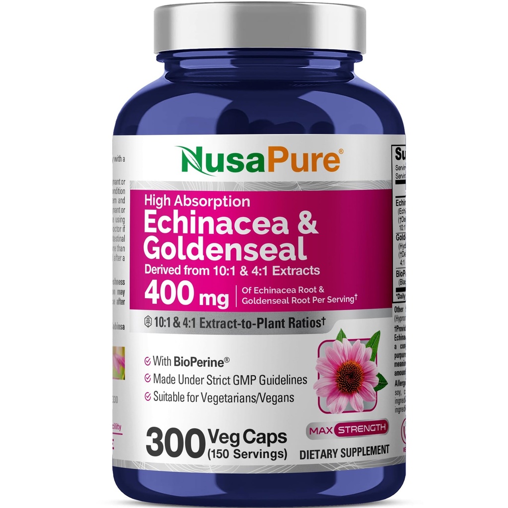 NusaPure Echinacea Goldenseal 200mg, (Extrakt 10:1, entspricht 2.000mg), 200mg, (Extrakt 4:1, entspricht 800mg) - 2800mg 300 Veggie Caps (Vegetarian, Non-GMO, Vegan)