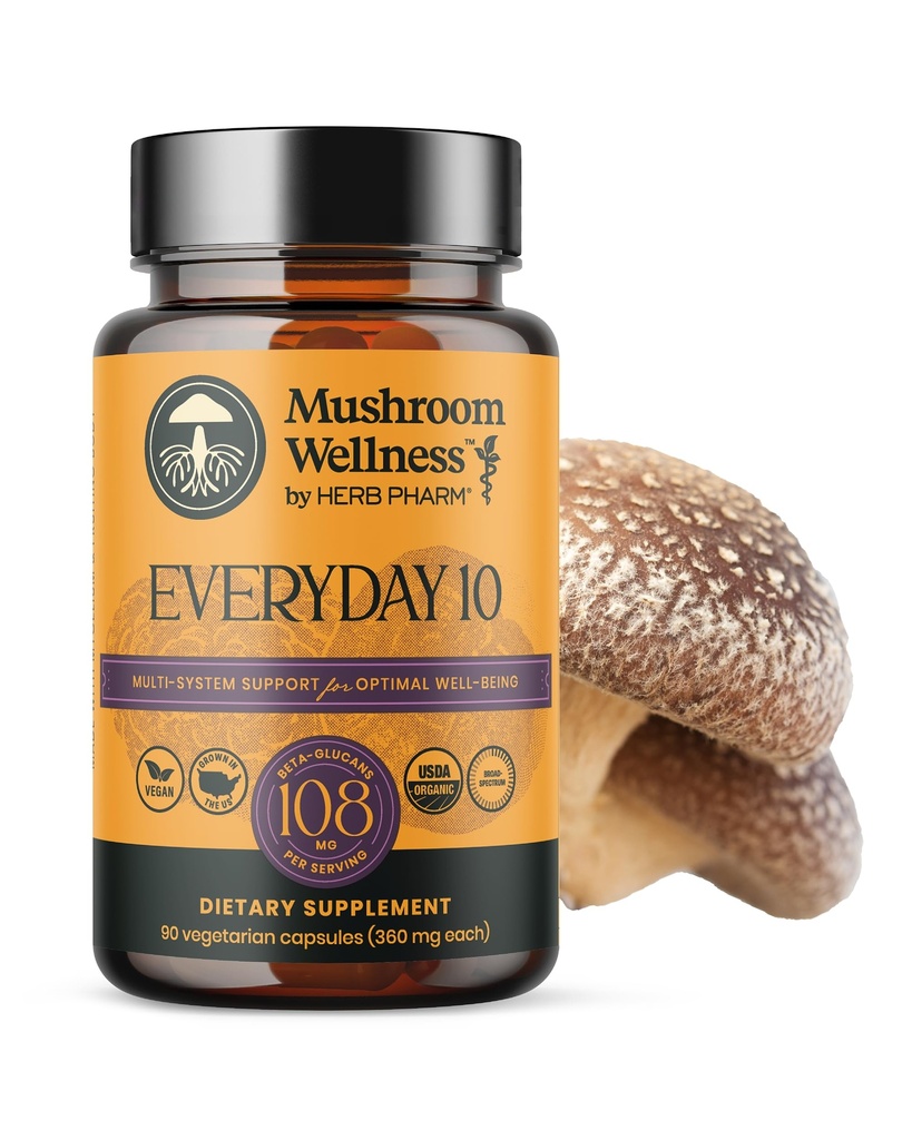 Mushroom Wellness Jeden Tag 10: Bio 10-in-1 Mushroom Capsules mit Lion's Mane, Shiitake, Reishi, Türkei Tail &amp; More, Pilz-Pulver-Ergänzung, Immun- & Nervous-Systemunterstützung, 90 Vegan-Kapseln