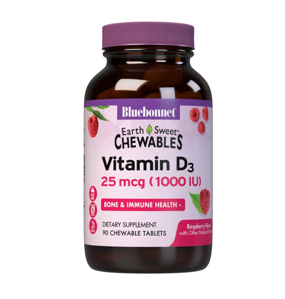 Bluebonnet Nutrition EarthSweet Vitamin D3 1000IU - Knochen und Immununterstützungsergänzung - Raspberry Chewable Vitamin D Supplement für Damen und Herren - Sojafrei, Glutenfrei, Non-GMO - 90 Tabletten