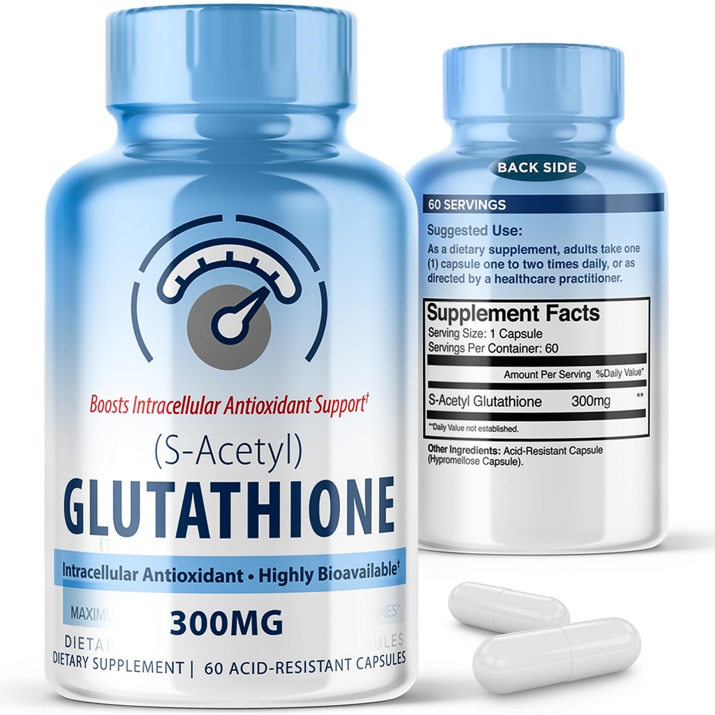S-Acetyl L-Glutathion 300mg – 60 säurebeständige Kapseln, hohe Bioverfügbarkeit S Acetyl Glutathione Ergänzungen für Leber- und Hautgesundheit, Supplement Antioxidantien-Unterstützungskapseln