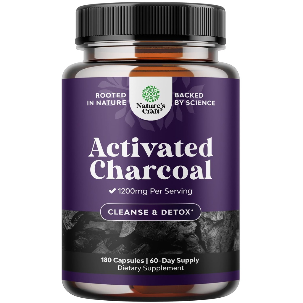 Natures Craft Activated Charcoal Pills Detox & Cleanse - Reinigung von Kokosnusskapseln mit 1200 mg pro Servierung für Bloating Relief - Active Detox Supplement für Körper & Gut Gesundheit -180 Zähler