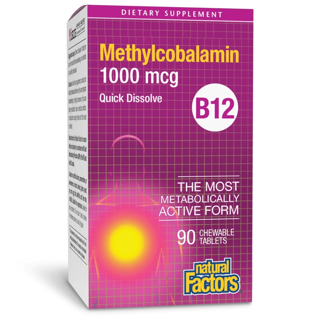 Facteurs naturels, Vitamine B12 méthylcobalamine 1000 mcg, Soutien à l'énergie et à la santé immunitaire, Végétarien, Sans gluten, 90 comprimés (90 portions)