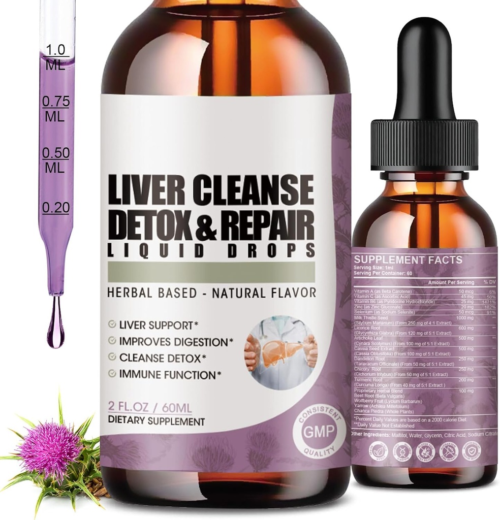 2 pack de nettoyage du foie de désintoxication et de réparation gouttes liquides avec le chardon de lait, extrait d'artichaut, supplément du foie pour le nettoyage du foie et de désintoxication, antioxydant, soutien digestif, végétalien - 4 Fl Oz